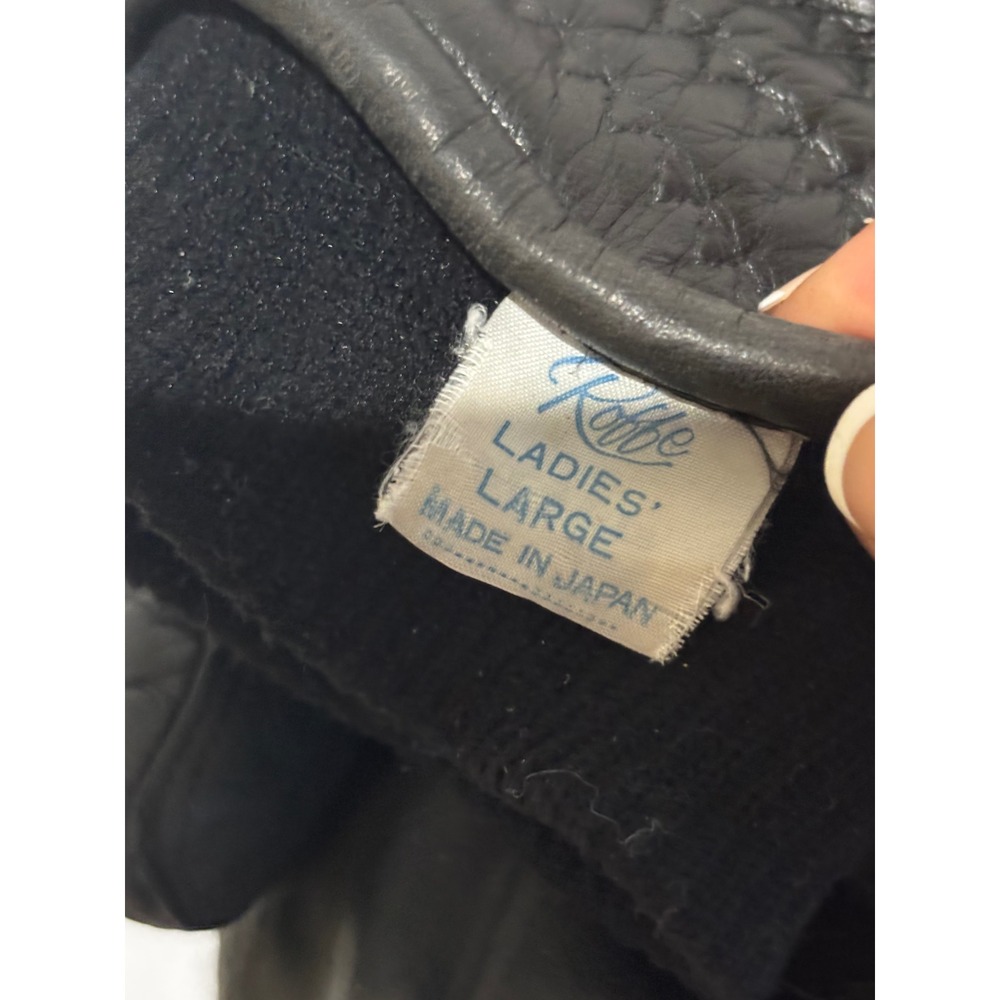 Roffe Vintage Black Leather Quilted Ski Mittens Ladies Sz L Japan retro warm 70s - Picture 3 of 6